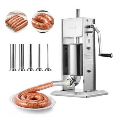 VEVOR Manual Sausage Stuffer, 7 LBS / 3 L Vertical Meat Stuffer, Heavy Duty Sausage Casing Meat Stuffing Machine, Dual-Speed Stainless Steel Filler with 5 Filling Tubes, for Commercial and Home Use
