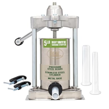 LEM Products MightyBite 5 lb Sausage Stuffer, Professional Design, Stainless Steel, Includes Clamps & Stuffing Tubes, Removable Cylinder, Air-Release Piston, Meat Stuffer Machine for Home Use
