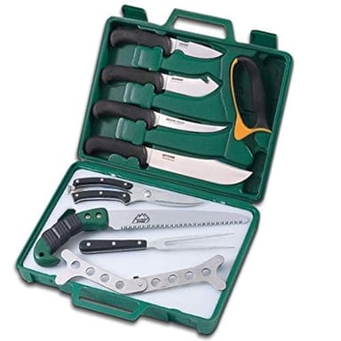 Outdoor Edge Game Processor, PR-1, Complete 12-Piece Hunting Knife Kit for Processing Big Game, Full Tang 420J2 Stainless Razor Sharp Blades, TPR Non-Slip Handles, Sturdy Hide-Side Storage Case