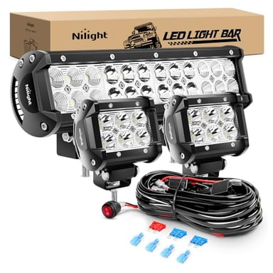 Nilight 12 Inch 72W Spot Flood Combo Led Light Bar 2Pcs 4Inch 18W Flood LED Pods Fog Lights Off Road with Wiring Harness Kit-3 Leads for Van Camper Car Pickup Golf Cart ATV UTV SUV Truck Boat 4x4