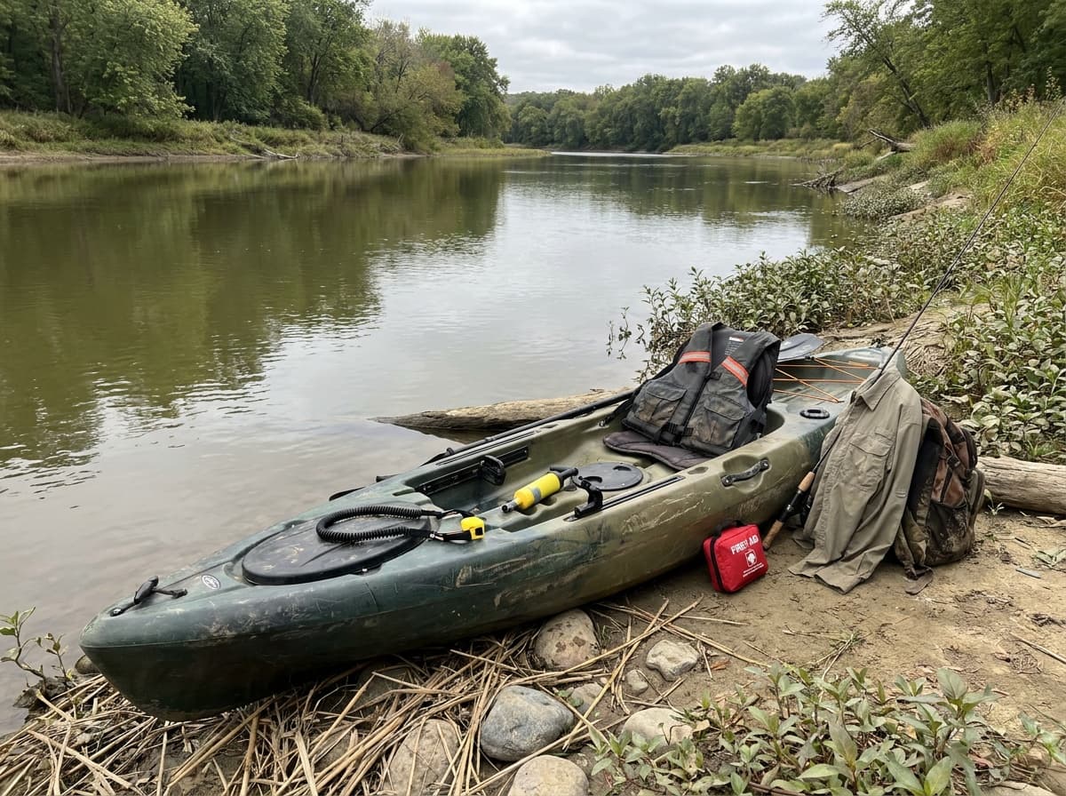 Fishing kayak rigged with restrained tackle and a compact sonar display on calm water