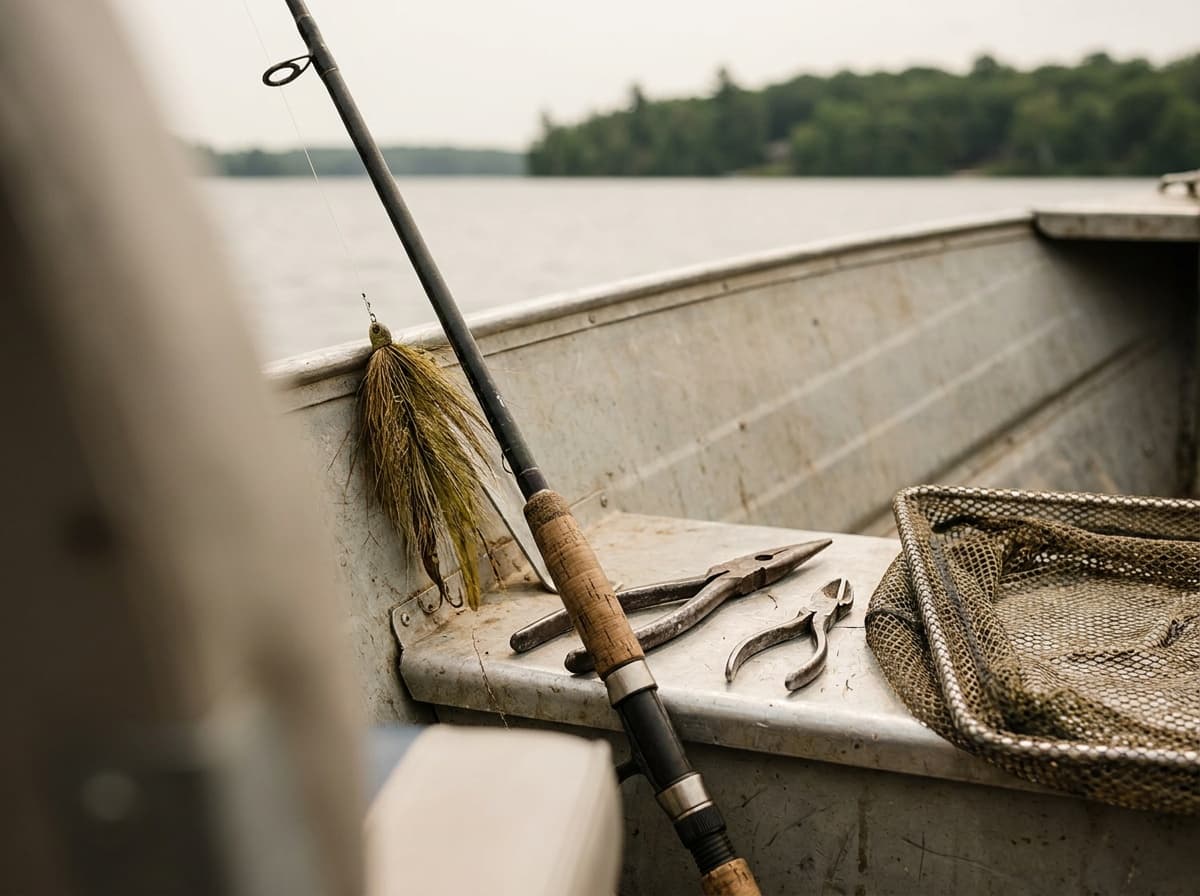 Musky angler casting a large lure from a boat in natural open-water light