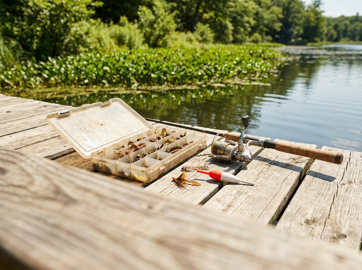 Compact panfish tackle and a light spinning setup beside the water