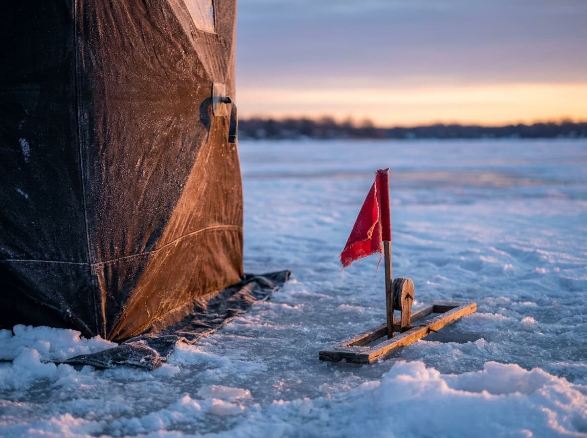 Empty ice shelter at dawn with blue-hour and sunrise light meeting