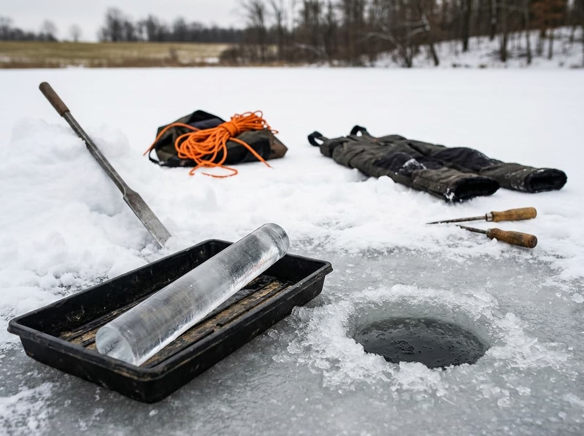 Clear ice core beside an inspection hole with recovery gear nearby