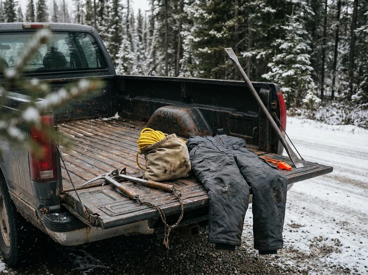 Ice picks, throw rope, flotation bibs, spud bar, and whistle on a tailgate