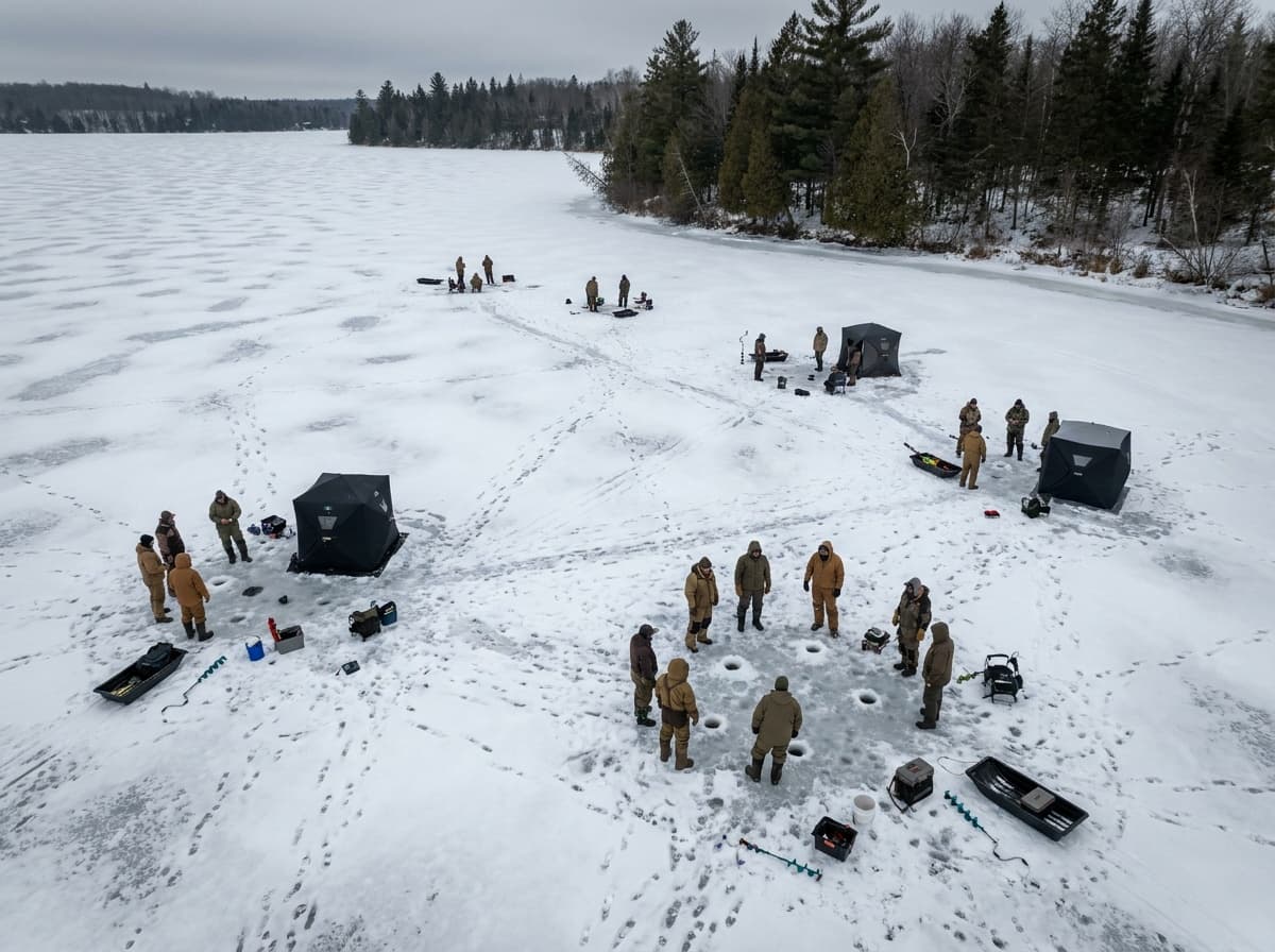 Community ice-fishing morning viewed from above with shelters and anglers spread across the lake