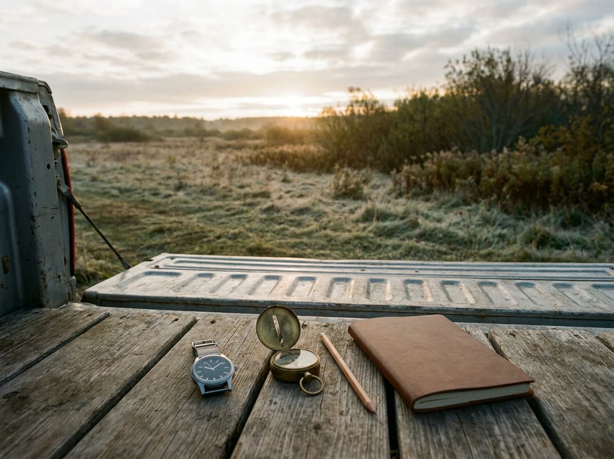 Field watch, compass, and sunrise notes at the edge of autumn habitat