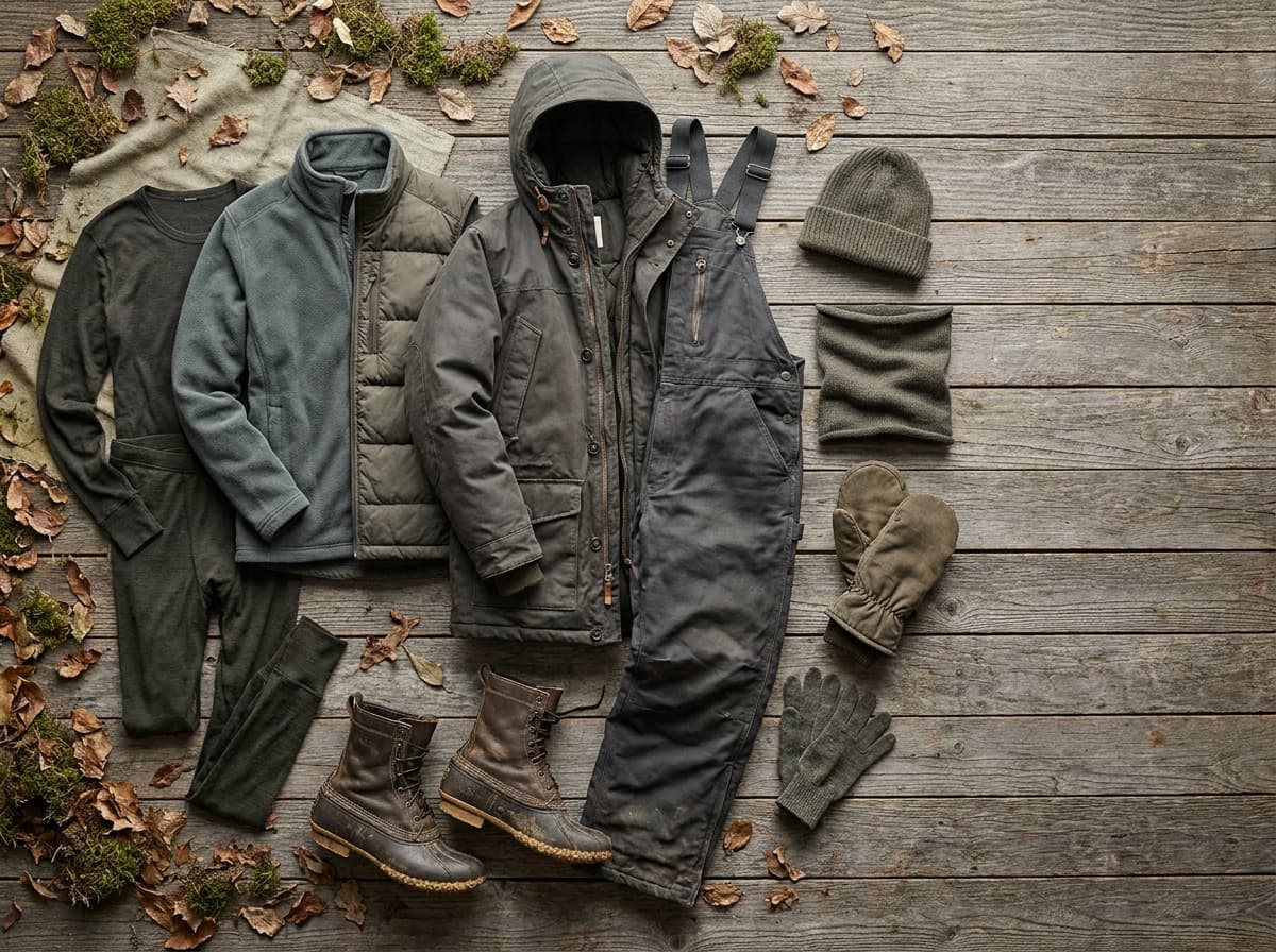 Complete cold-weather layering system arranged from base layer to flotation shell