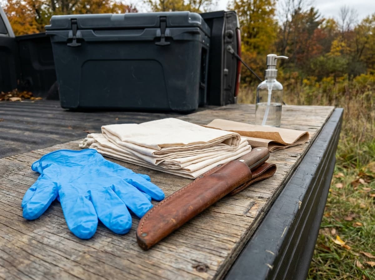 Food-safe gloves, game bags, knife, and cooling supplies prepared on a clean tailgate