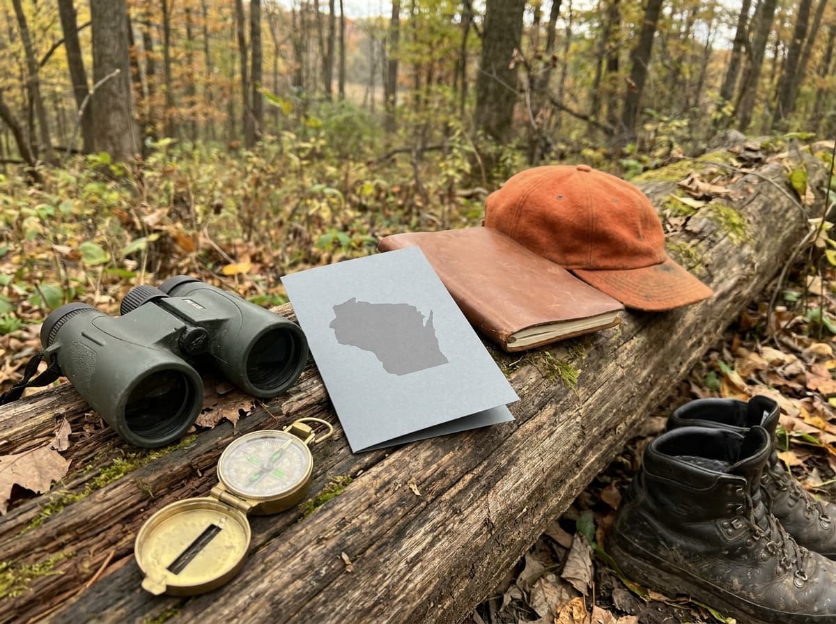Public-land planning kit with Wisconsin map, binoculars, compass, and boots