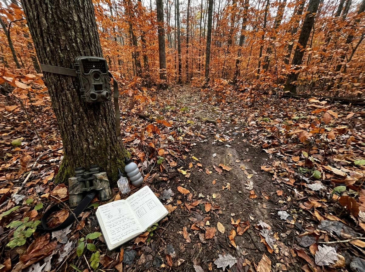 Whitetail scouting scene in Northwoods timber with natural field light