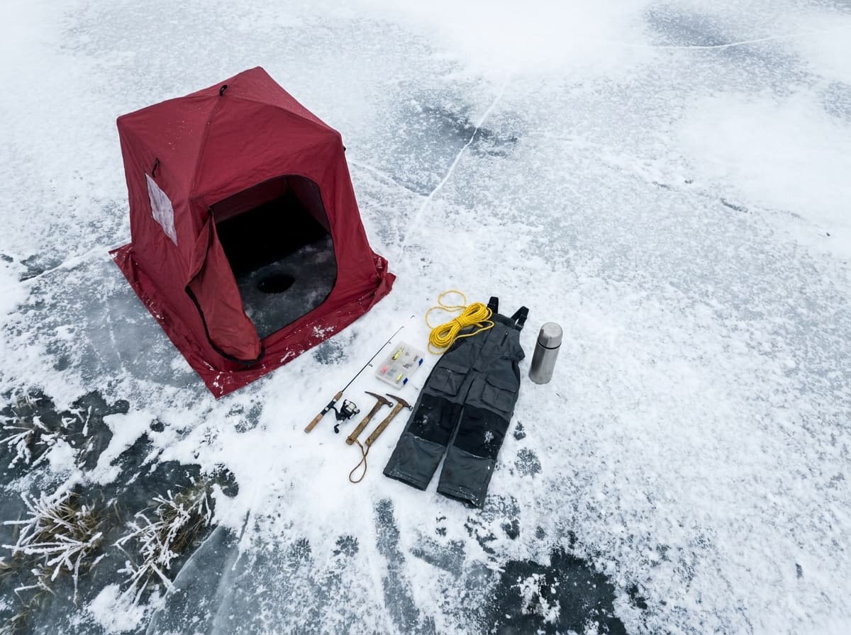 Simple first-season ice fishing kit arranged beside a portable shelter