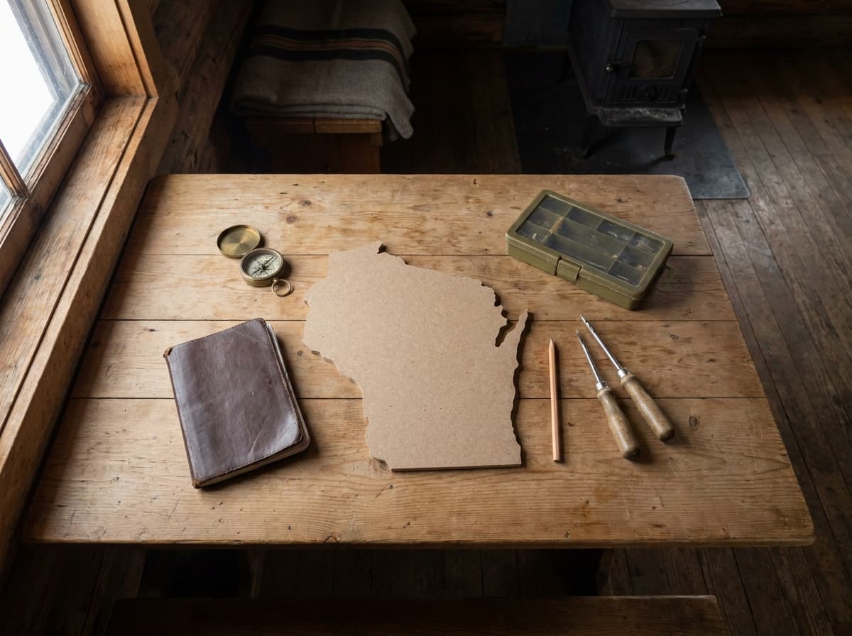 Winter trip-planning table with a plain Wisconsin silhouette, compass, and ice gear