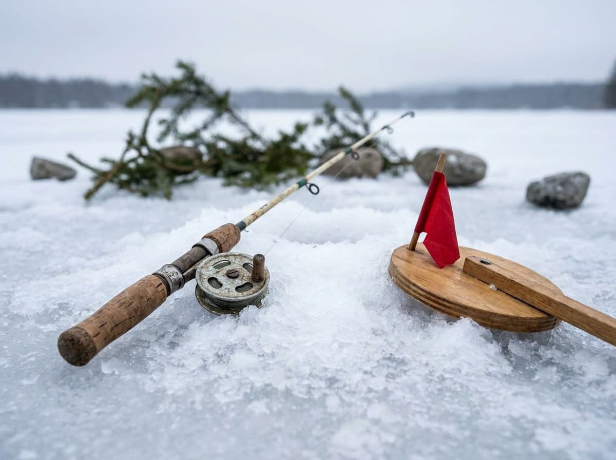 Short jigging rod and tip-up arranged beside drilled ice as two distinct fishing methods