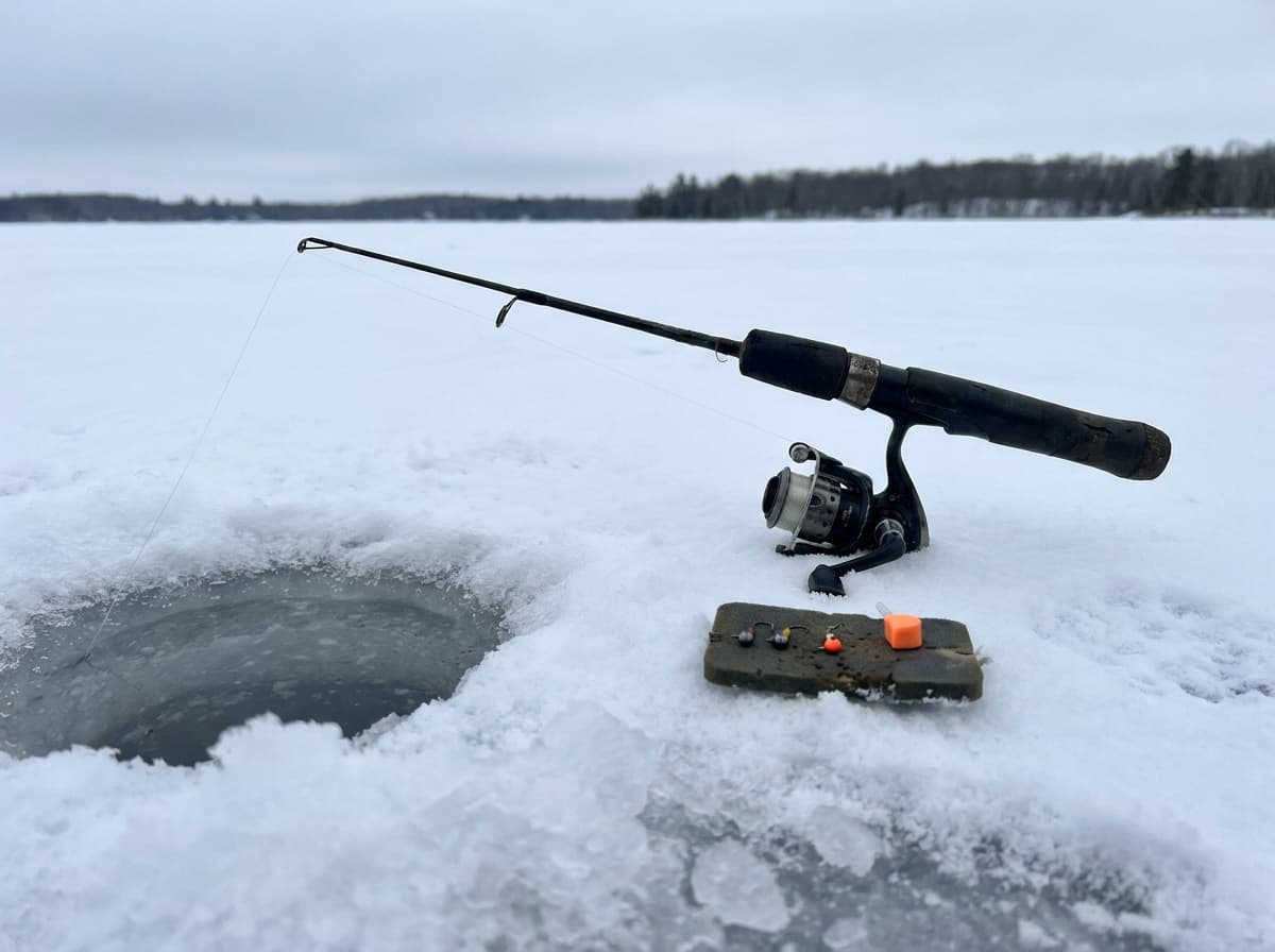 Panfish ice tackle and compact sonar arranged beside a fishing hole