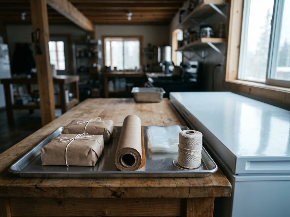 Butcher paper, vacuum bags, cotton twine, and wrapped venison packages