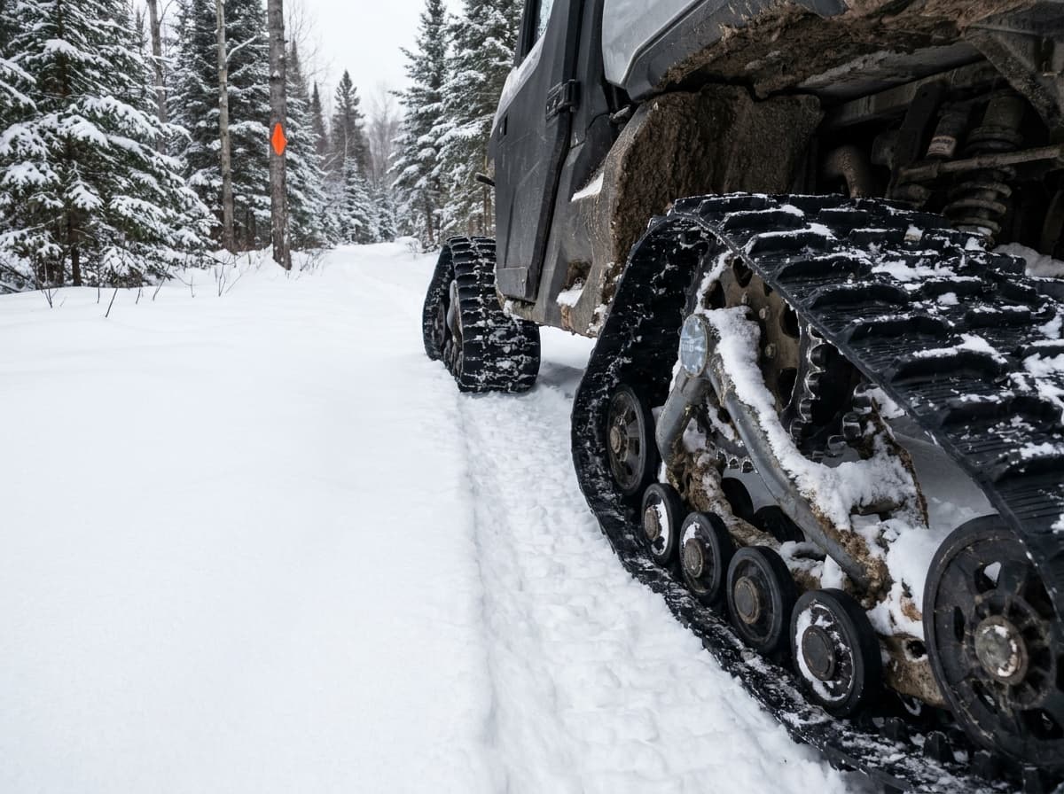 Rubber track system installed on an unbranded side-by-side in deep snow on a logging trail