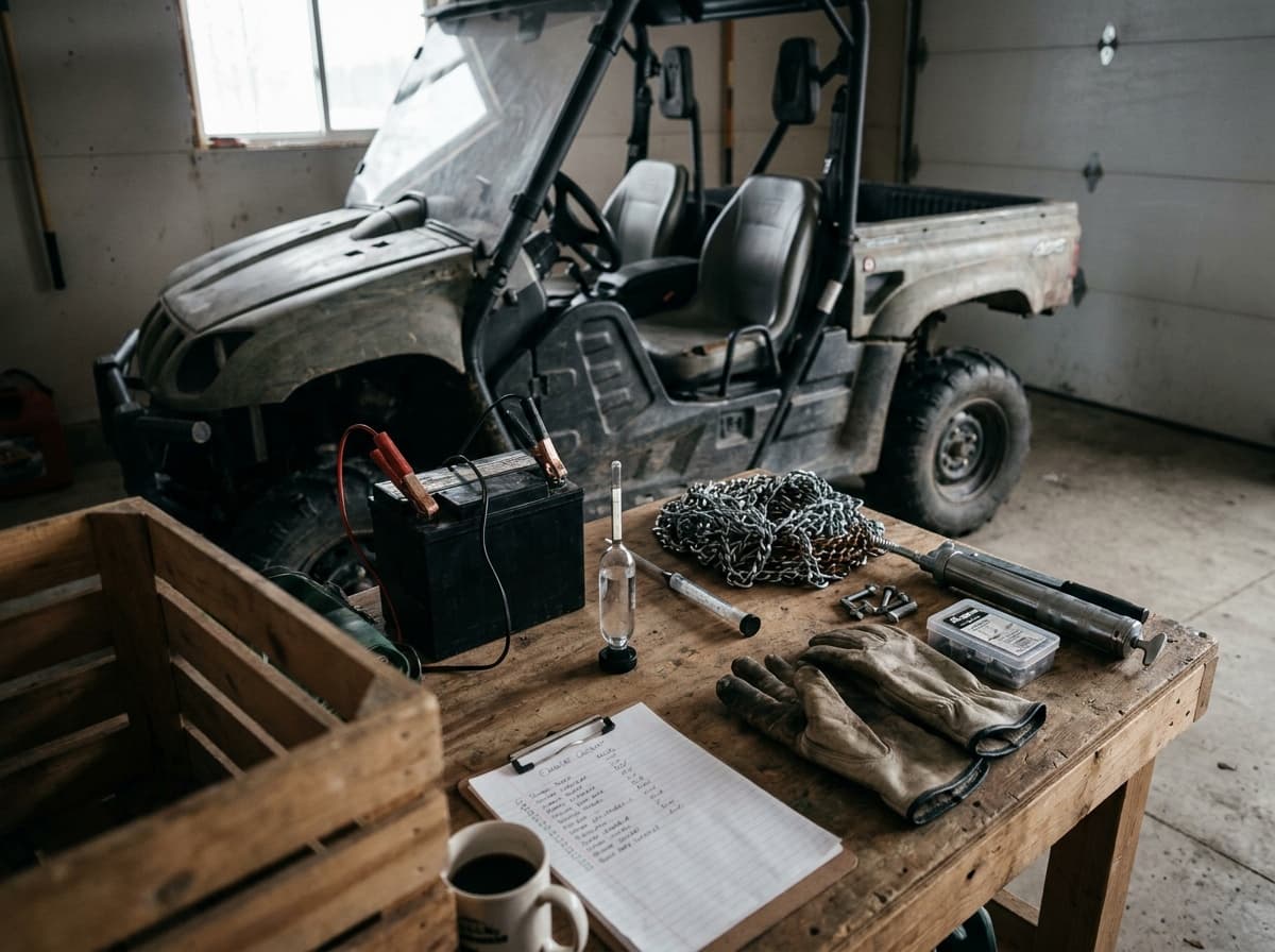 UTV winter maintenance bench with battery equipment, tire chains, gloves, and plow hardware