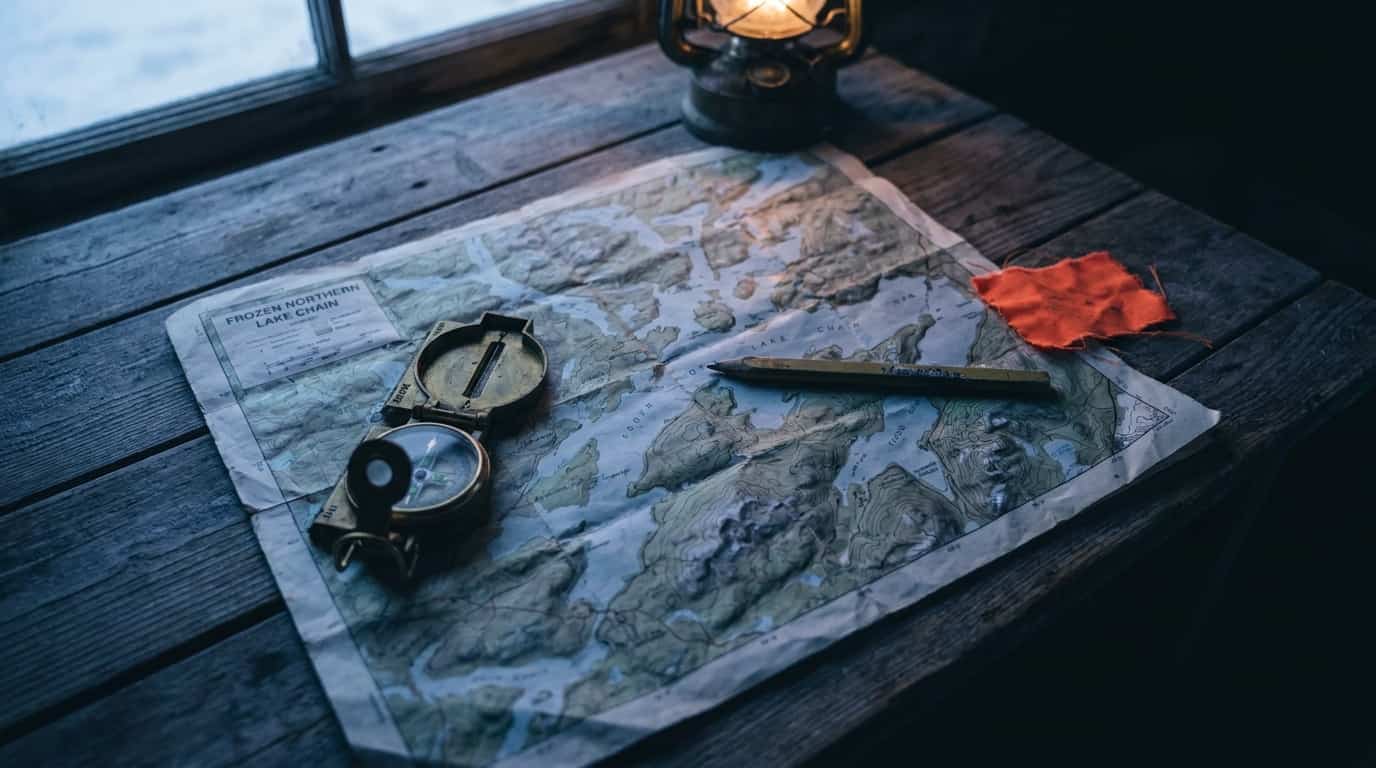 Compass, pencil, blaze cloth, and field map arranged on a cabin table
