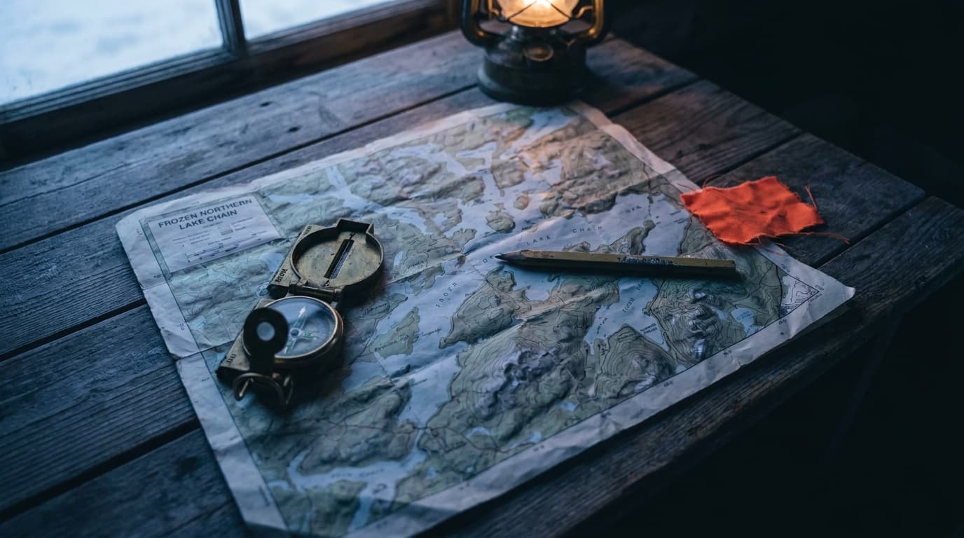 Compass, pencil, blaze cloth, and field map arranged on a cabin table