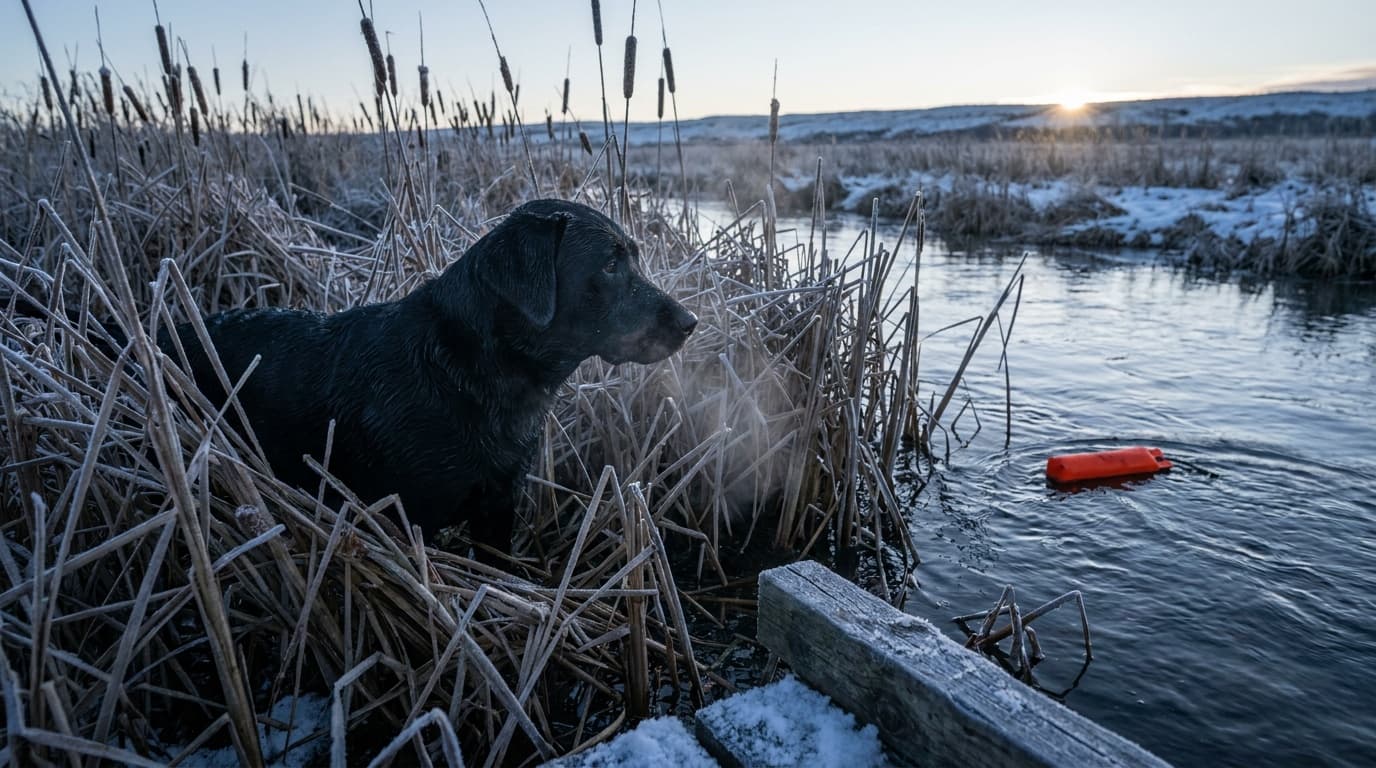 Black retriever standing in frozen cattails beside an orange training bumper