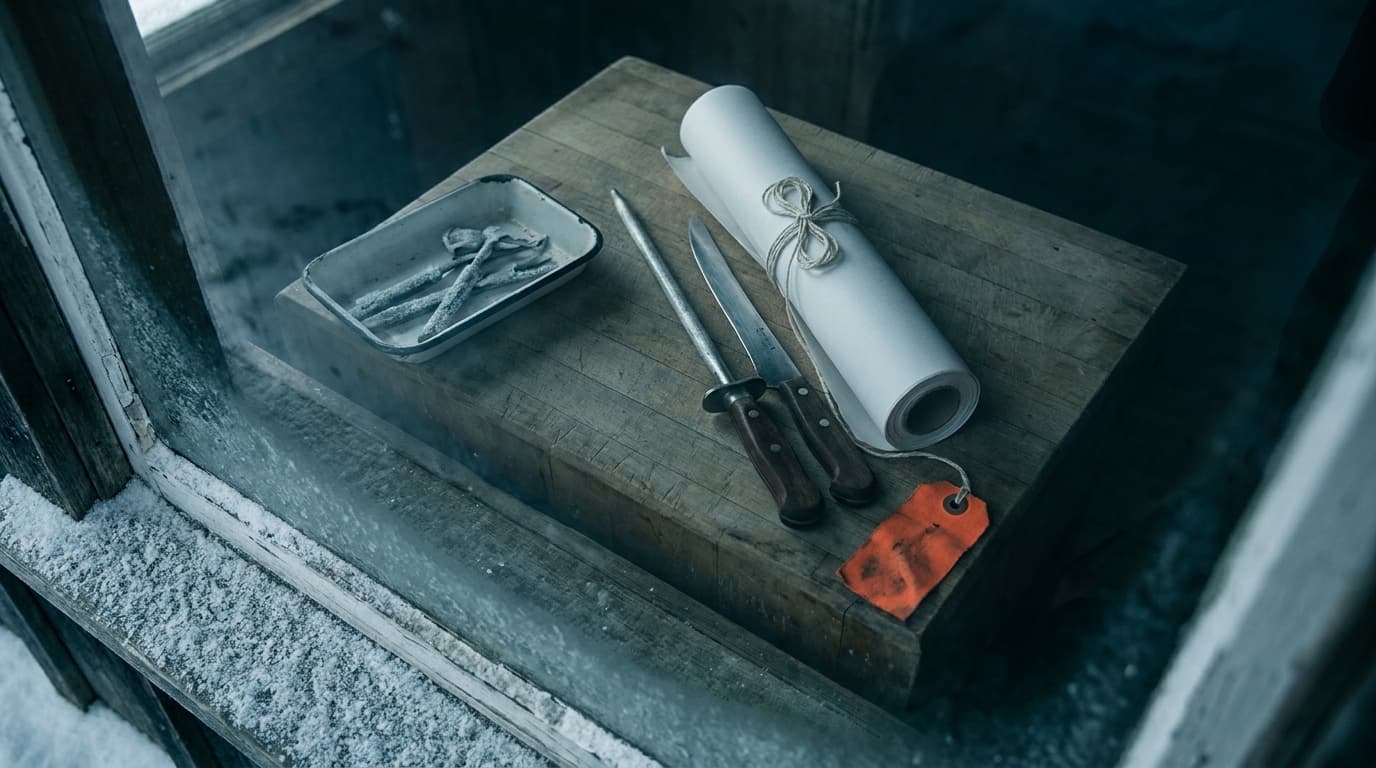 Butcher paper, twine, and a boning knife squared on a butcher block in window light