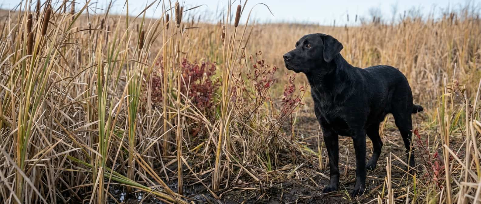 Black Labrador waits among weathered cattails in clear autumn daylight