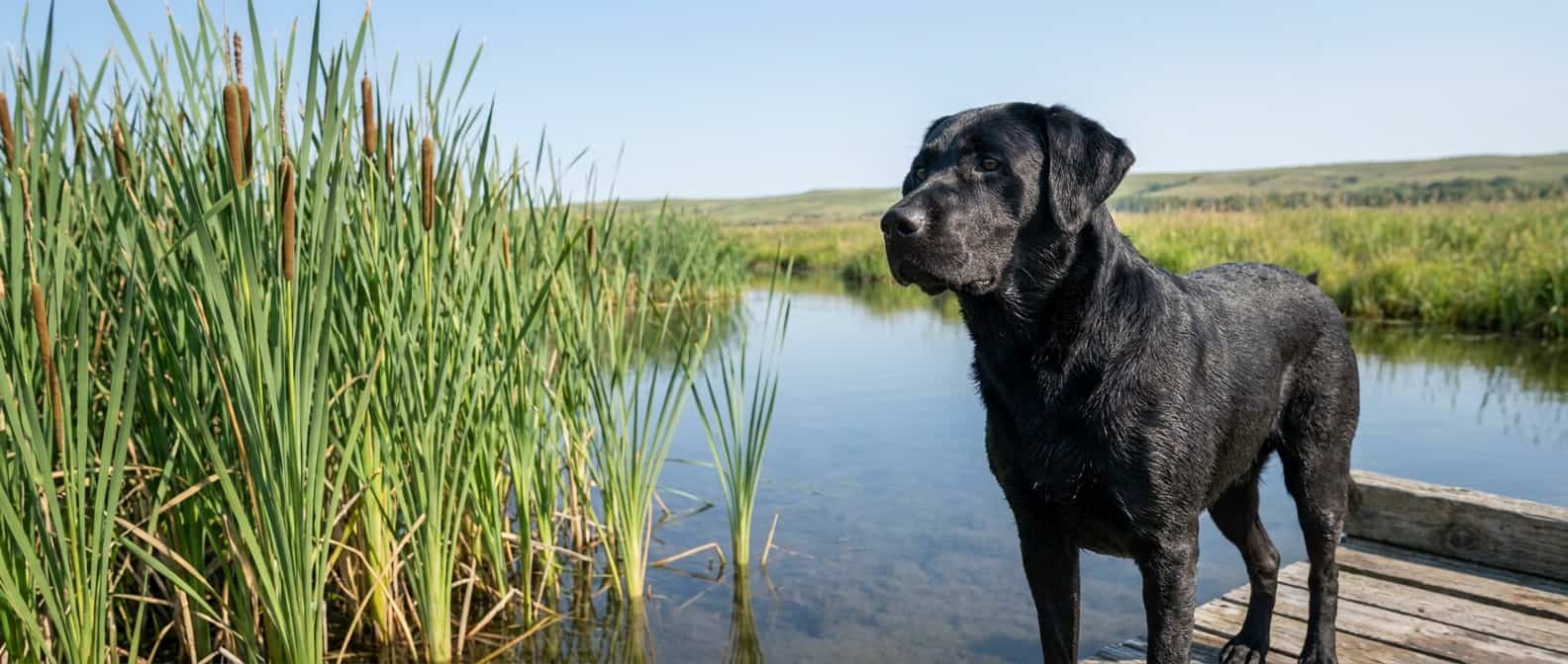 Black Labrador waits among green cattails on a clear summer day