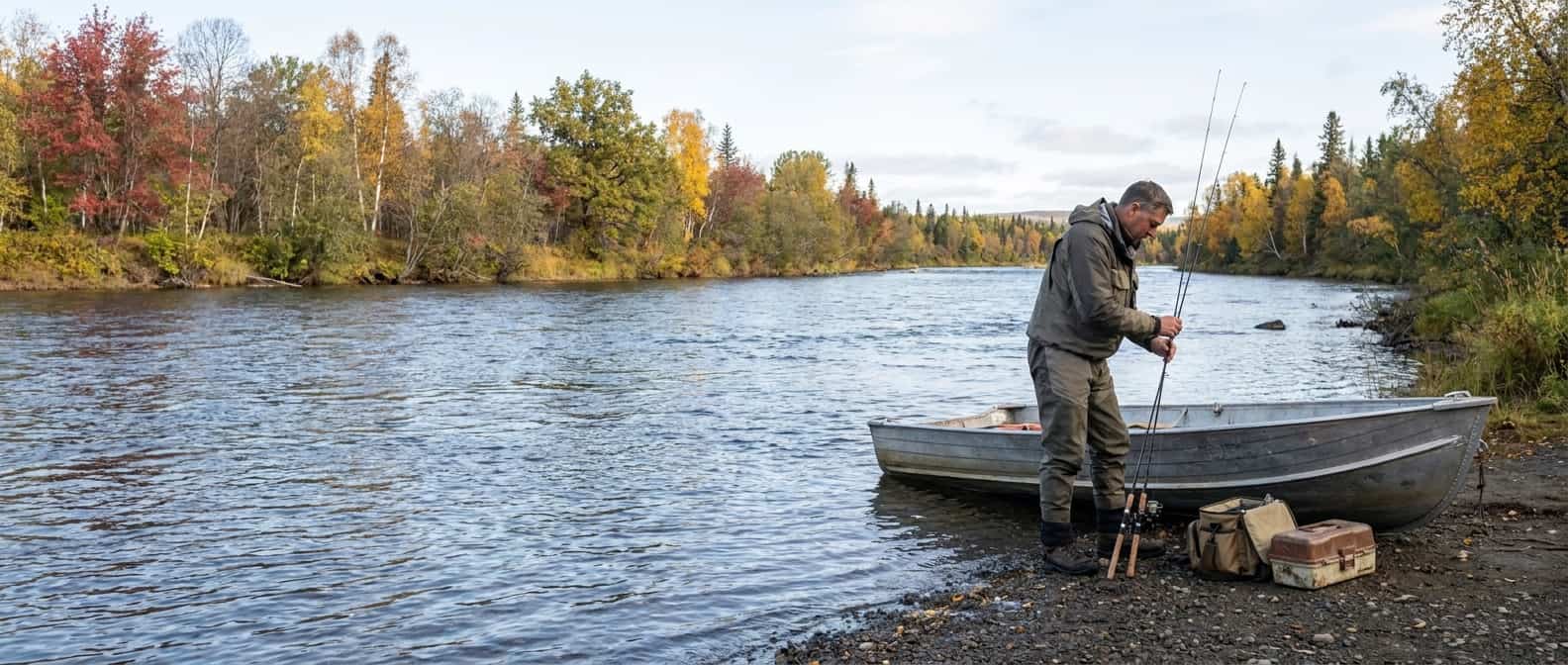 Angler organizes rods beside a small boat at an autumn river landing in clear daylight