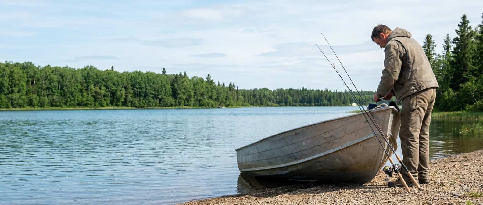 Angler organizes rods beside a small boat at a green lake landing in summer daylight