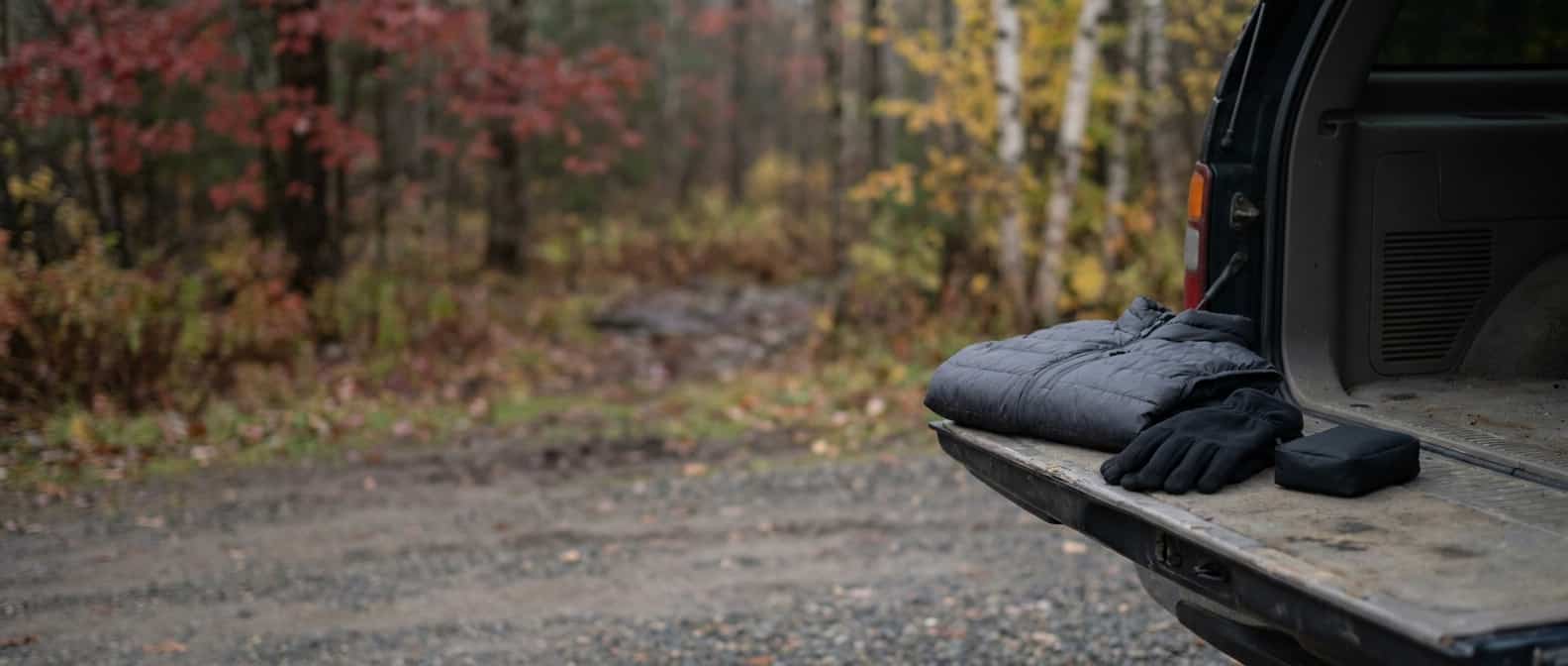 Heated vest, gloves, and battery pouch are organized at an autumn trailhead in clear daylight