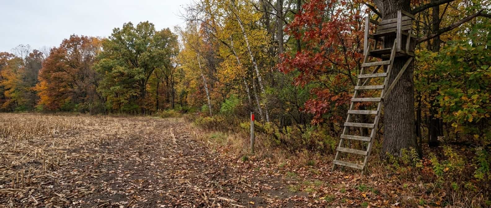 Empty ladder stand above an autumn hardwood edge in clear daylight