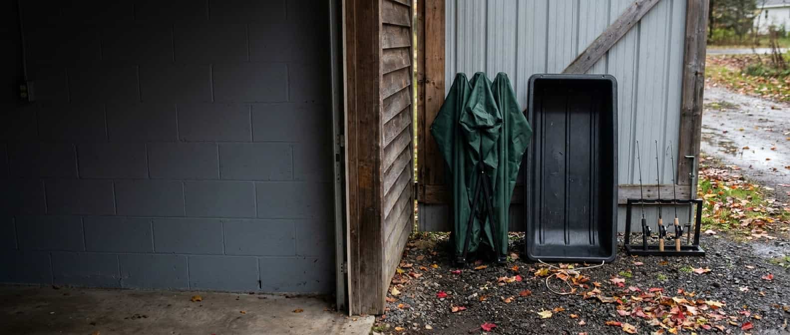 Ice-fishing shelter, sled, and rods are staged in a garage in clear autumn daylight