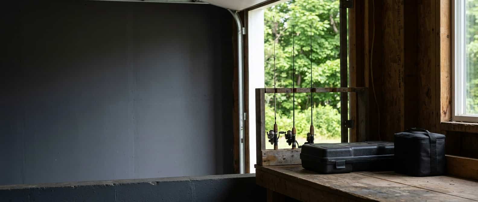 Ice rods, a closed flasher case, and battery tote are organized in a workshop in summer daylight