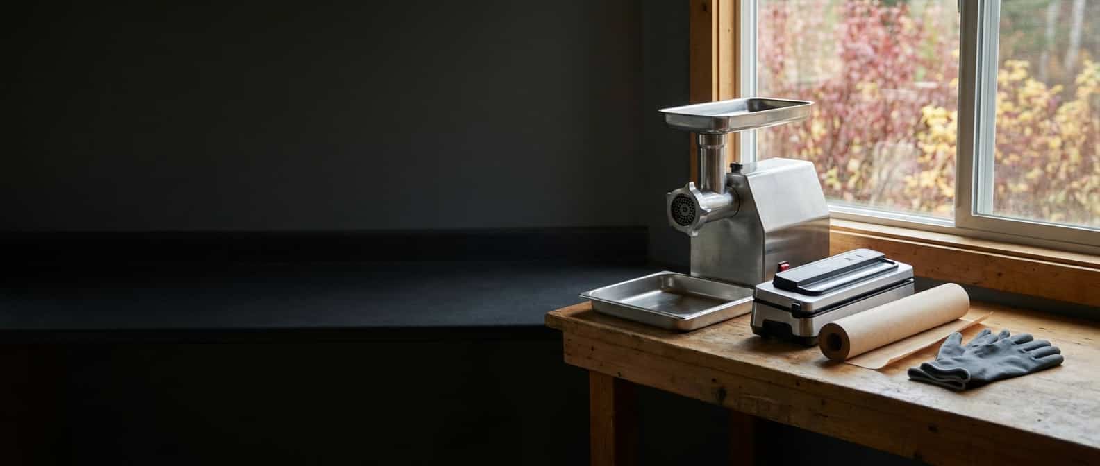 Clean grinder, vacuum sealer, freezer paper, and gloves are staged at an autumn workstation