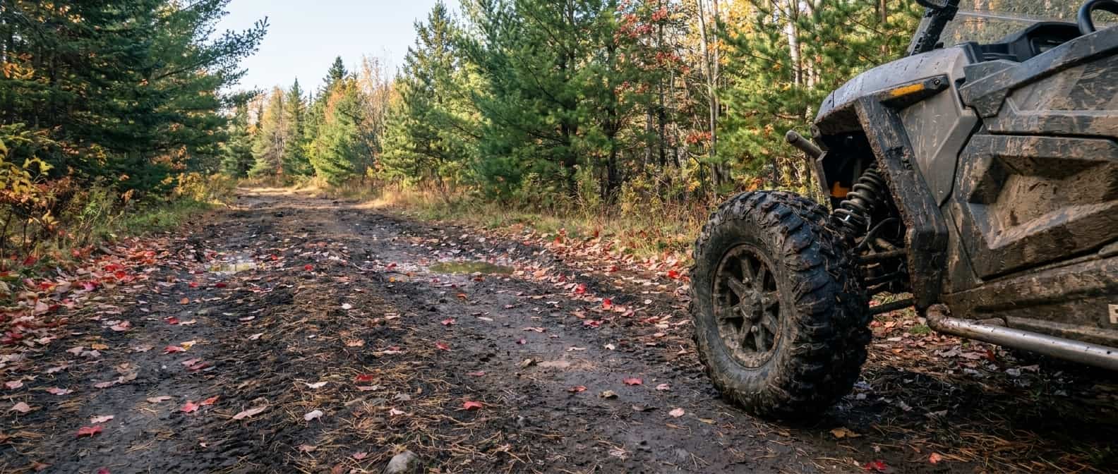 Mud-marked side-by-side wheel beside an autumn pine two-track in clear daylight