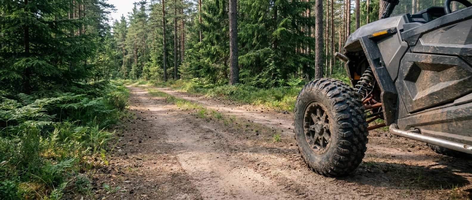 Dust-marked side-by-side wheel beside a green pine two-track in summer daylight