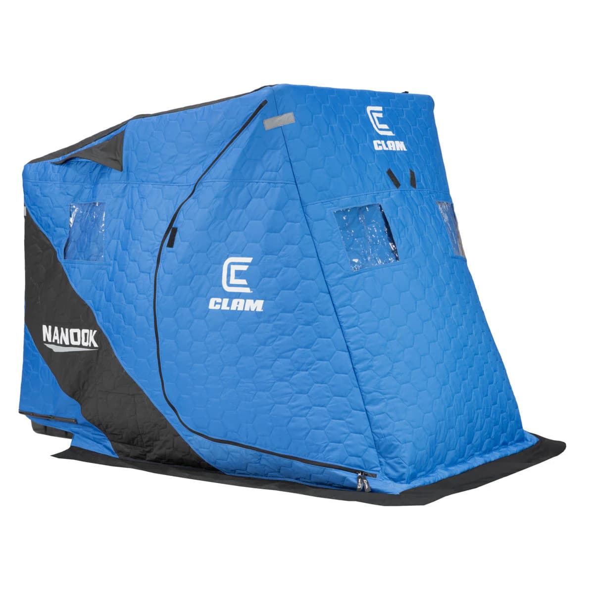 Clam Nanook two-person thermal flip-over ice shelter in blue and black