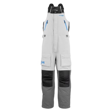 Clam Women's Sub-Zero Float Bib in gray with blue zipper accents