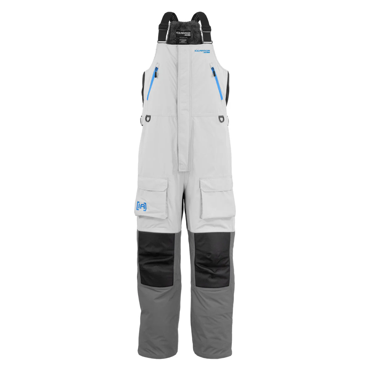 Clam Women's Sub-Zero Float Bib in gray with blue zipper accents