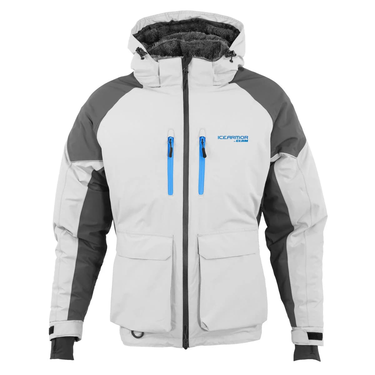 Clam Women's Sub-Zero Float Parka in gray with blue zipper accents