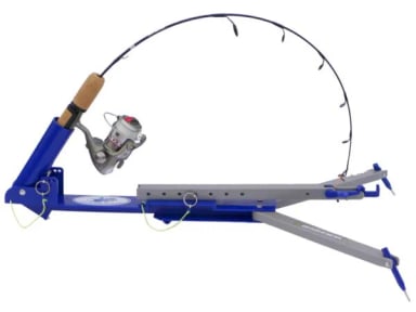 JawJacker hook setter demonstrated with an ice fishing rod and reel