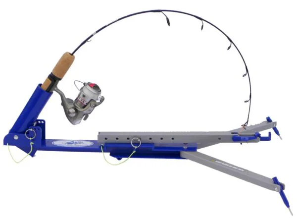 JawJacker hook setter demonstrated with an ice fishing rod and reel