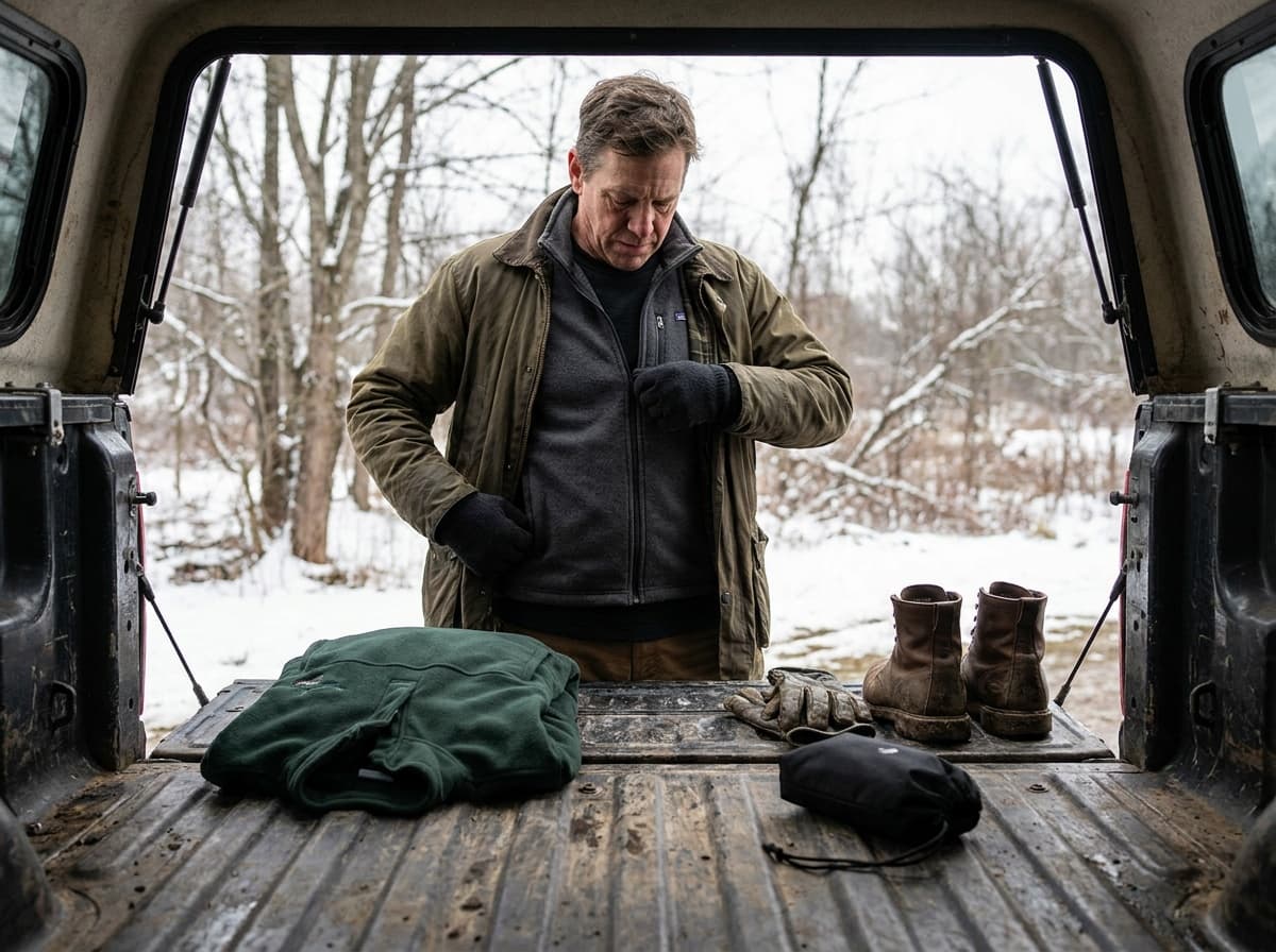 Cold-weather hunter adjusting a heated vest beneath an outer layer at a winter trailhead