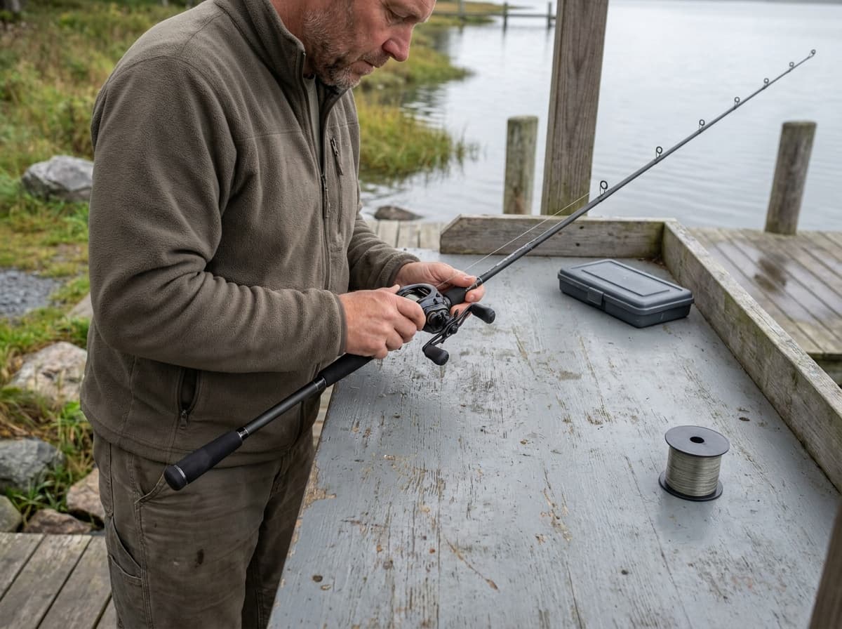 Angler balancing a technique-specific baitcasting rod, reel, and line at a dockside workbench