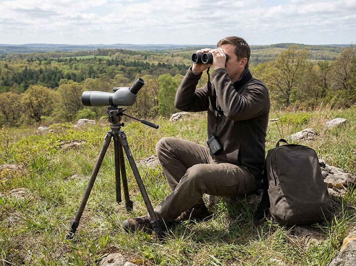 Field observer comparing binoculars and a compact spotting scope from a stable glassing position