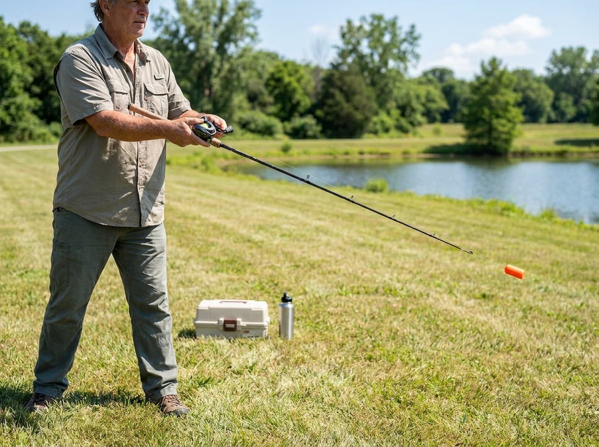 New baitcaster user practicing a controlled sidearm cast with a hookless casting plug in bright summer daylight
