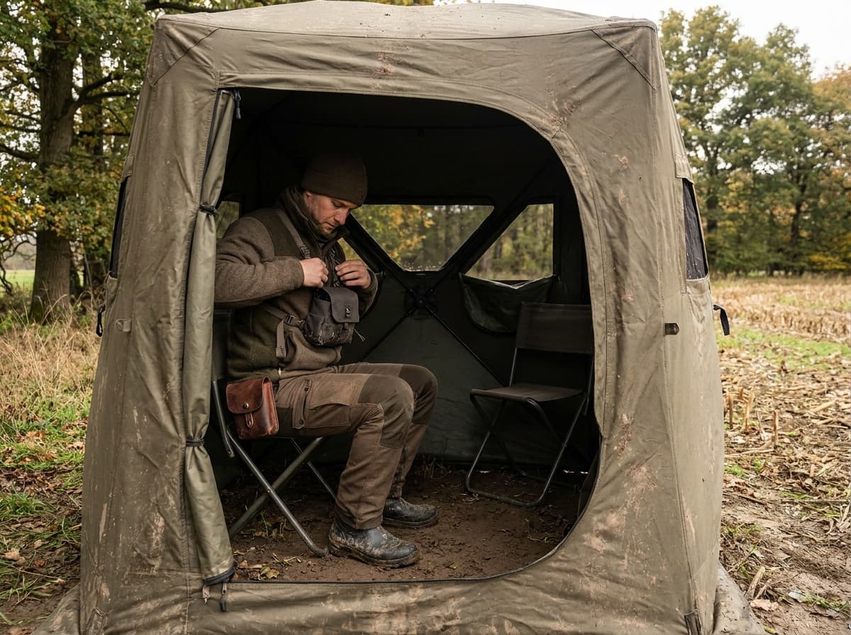 Portable ground blind arranged for a quiet field-edge sit with two chairs, binoculars, call pouch, and weather-ready boots