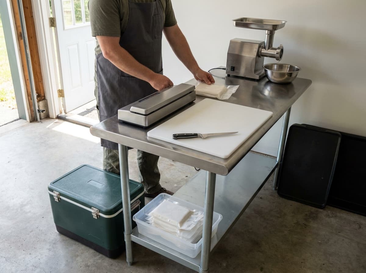 Clean home processing station with a cooler, washable cutting board, boning knife, grinder, sealer, and wrapped portions